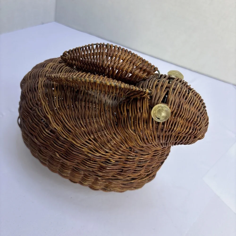 Bunny Rabbit Figural Basket Vtg Brown Wicker Woven‎ Rattan Storage Decorative 7